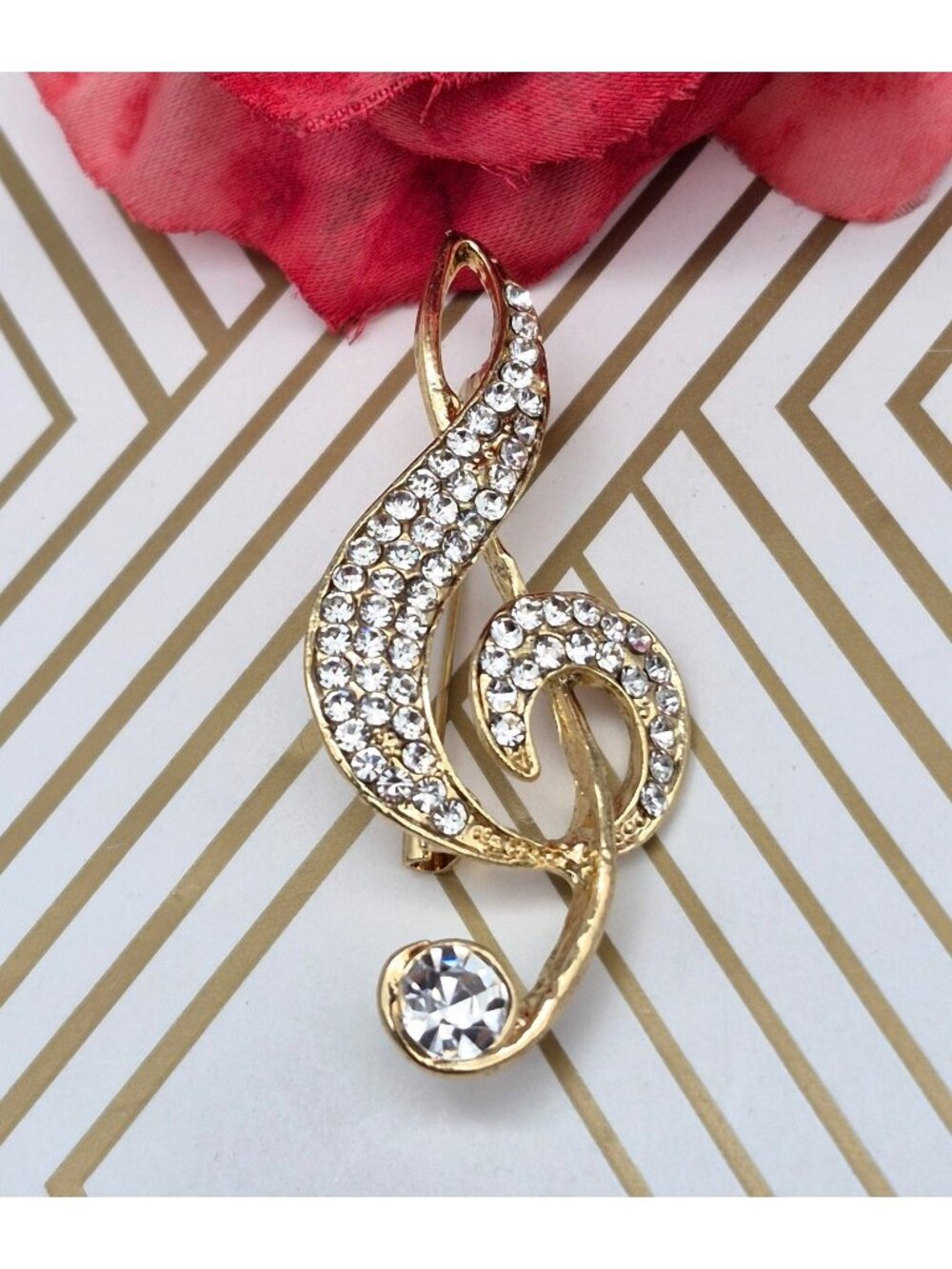 Beautiful Gold Tone & Crystal Paved Music Note Brooch Pin 2.25" Musician's Gift